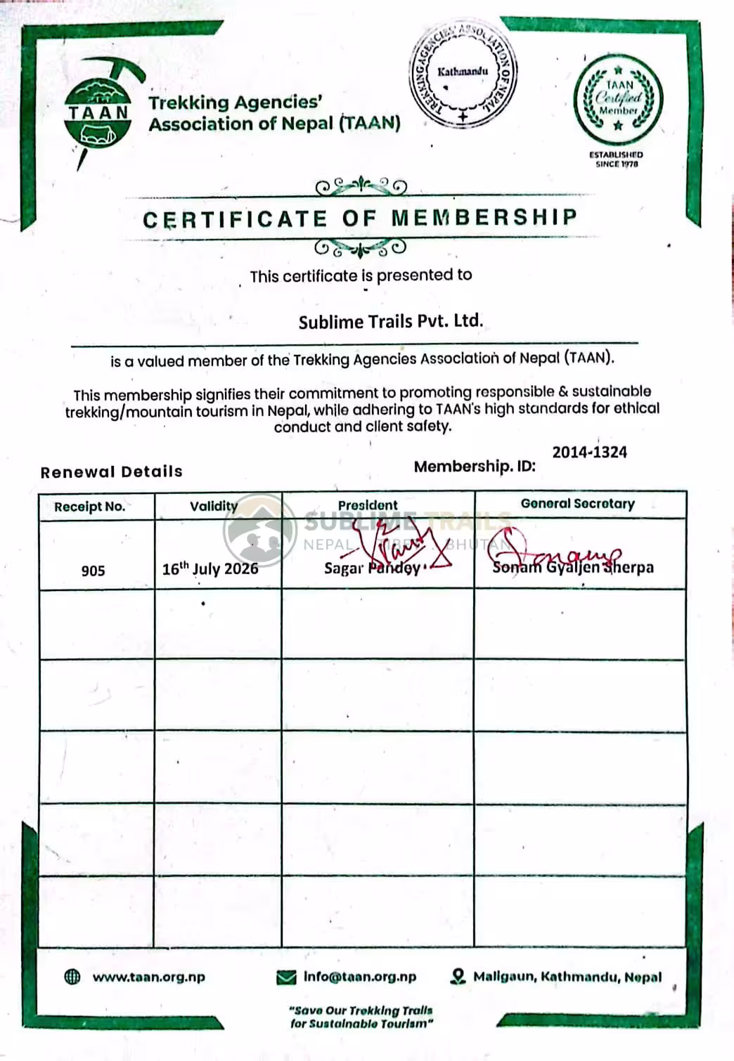TAAN Renewal Certificate