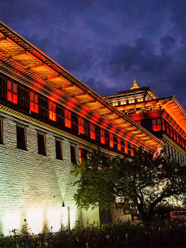 Tashichho Dzong at Night Bhutan Tour