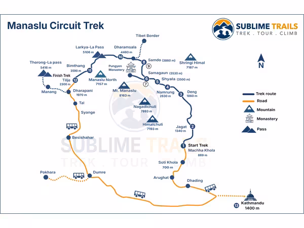 manaslu circuit trek map