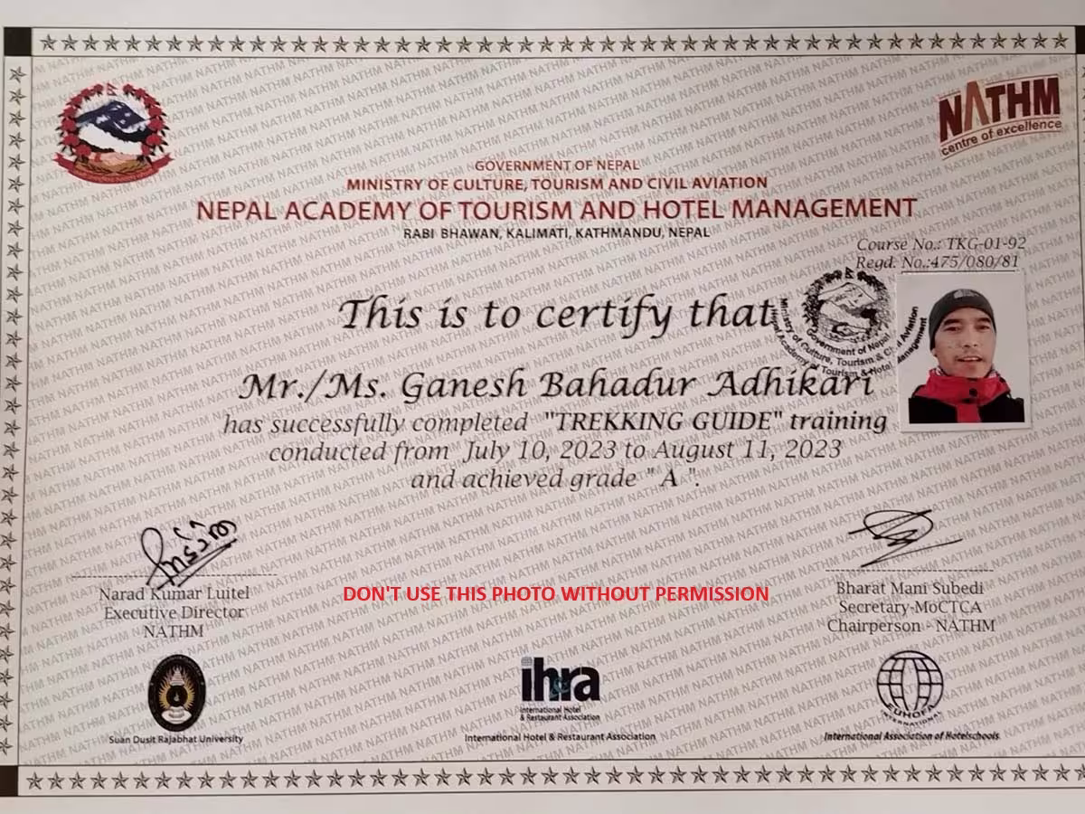 Trekking Guide Training Completion Certificate Ganesh Adhikari