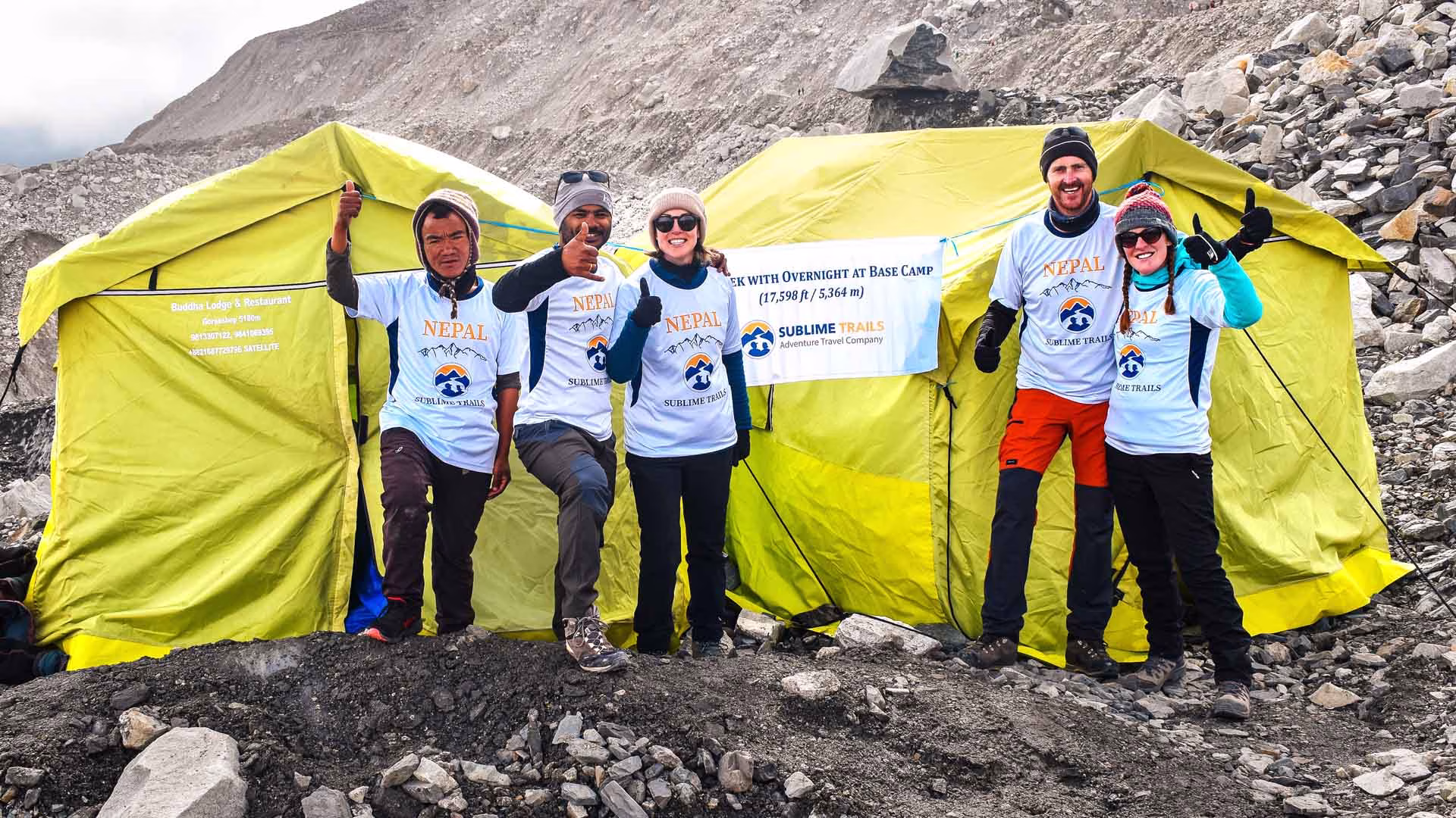 Sleep at Everest Base Camp Overnight Trek with expedition tents and trekkers at Everest Base Camp