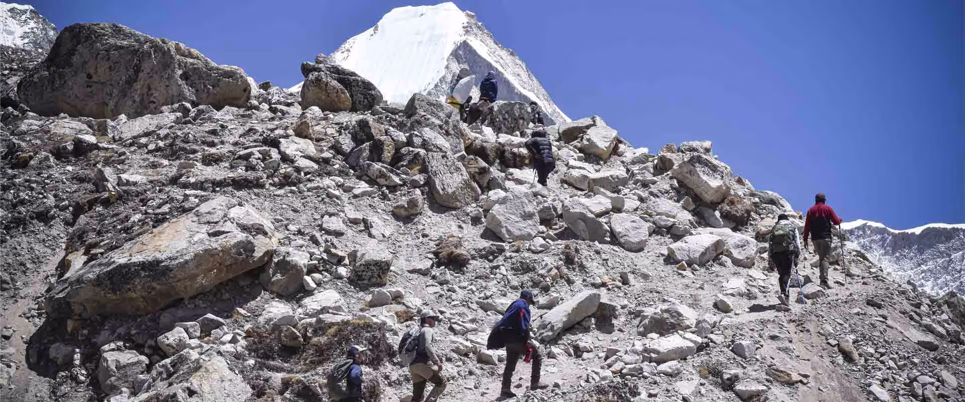 Trekkers walking along the Everest Base Camp trail with Himalayan mountains in the background