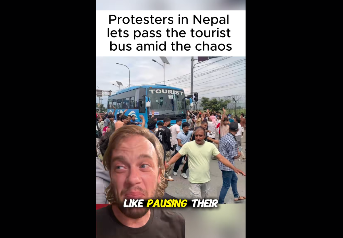 Video on TikTok by a foreigner talks about Nepalese pausing their protest and letting a tourist bus pass by safely.