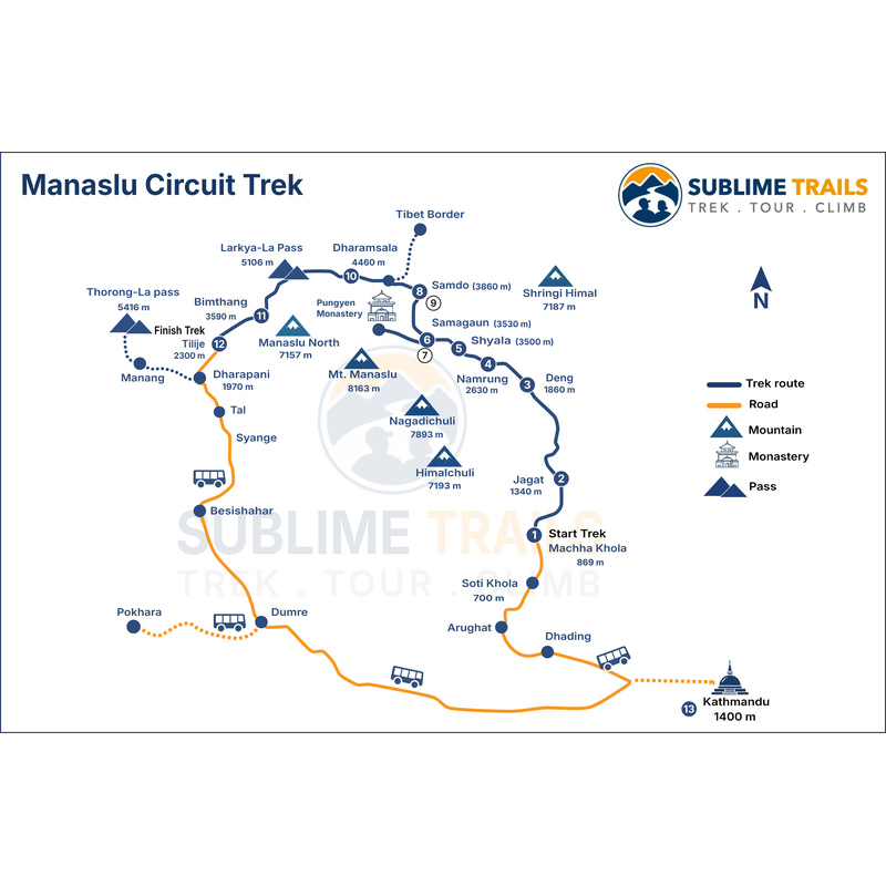 manaslu circuit trek map