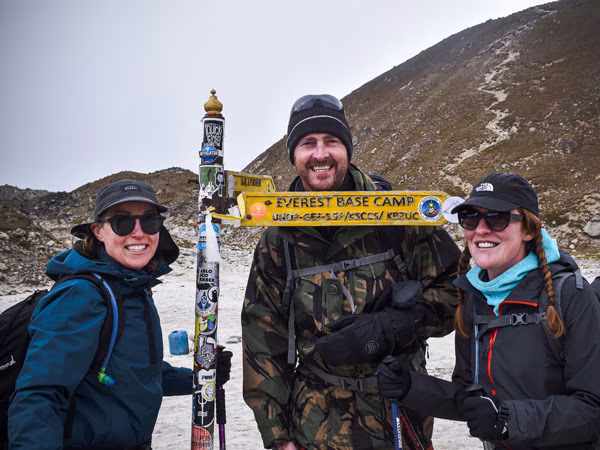 The famous Everest Base Camp and Kala Patthar trail sign marks a memorable stop for trekkers completing the Everest Three High Passes Trek in the Khumbu Himalaya